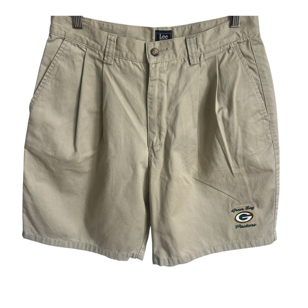 90s LEE Green Bay Packers Sports Dad Grandpa Khaki Shorts Mens Size 32 Vintage